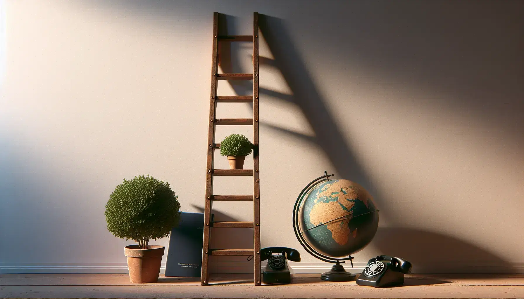 Escalera de madera con cinco peldaños apoyada en pared clara, adornada con planta, carpeta azul, teléfono antiguo y globo terráqueo, sin texto visible.