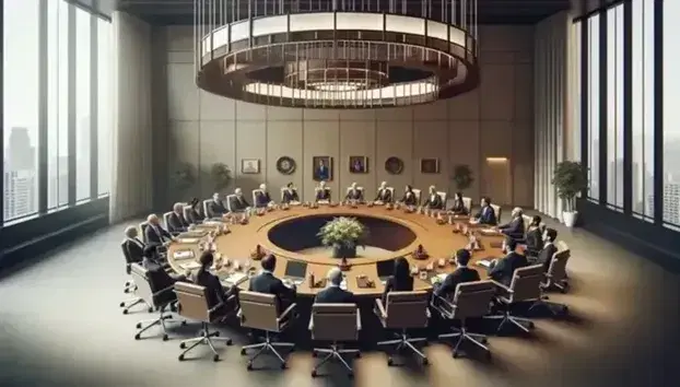 Diverse group of professionals in a business meeting around an oval table with laptops and notepads in a well-lit conference room.