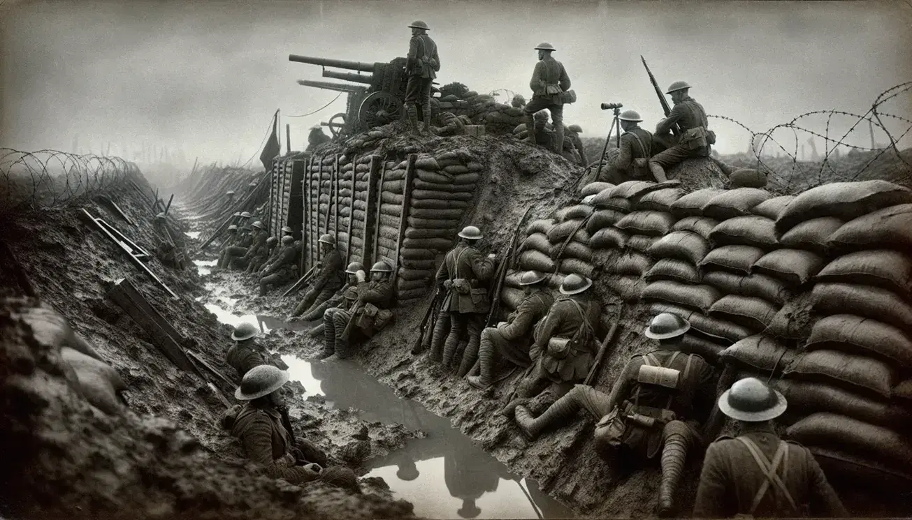 Scena di guerra di trincea nella Prima Guerra Mondiale con soldati, sacchi di sabbia, filo spinato e artiglieria sotto cielo nuvoloso.