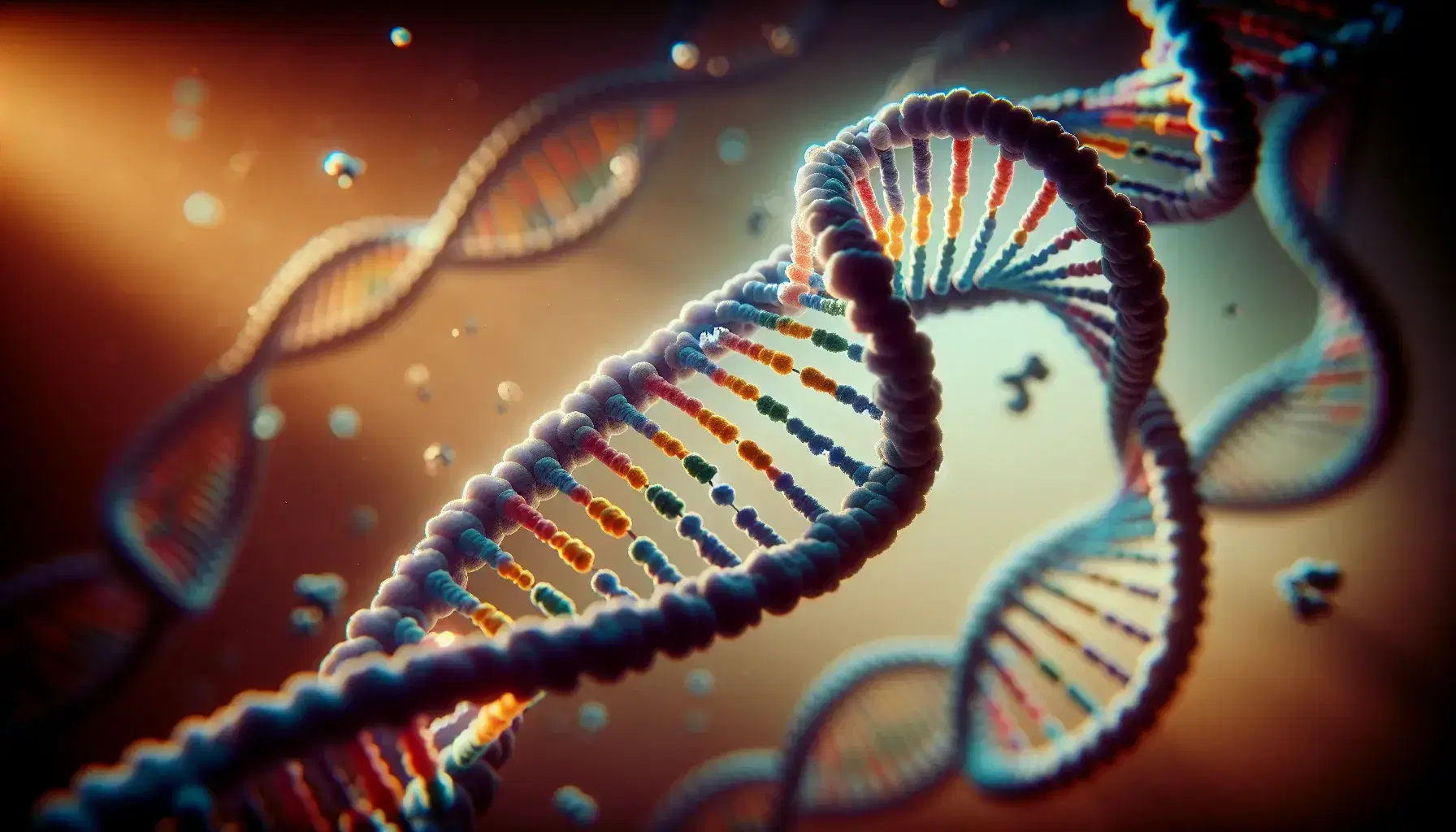 Three-dimensional structure of a DNA double helix with colored base pairs and a blurred background to highlight the molecular model.