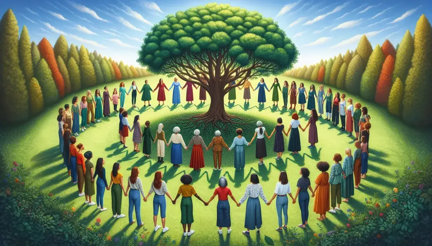 Donne multietniche in cerchio tenendosi per mano sotto un albero rigoglioso, simbolo di unità e forza comunitaria, su sfondo cielo azzurro.
