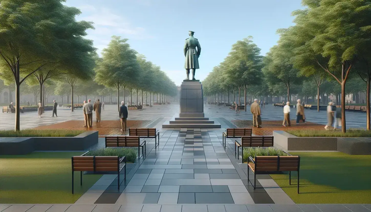 Plaza amplia con estatua de bronce de hombre militar en pedestal de piedra, árboles al fondo, personas paseando y bancos de madera y metal bajo cielo despejado.