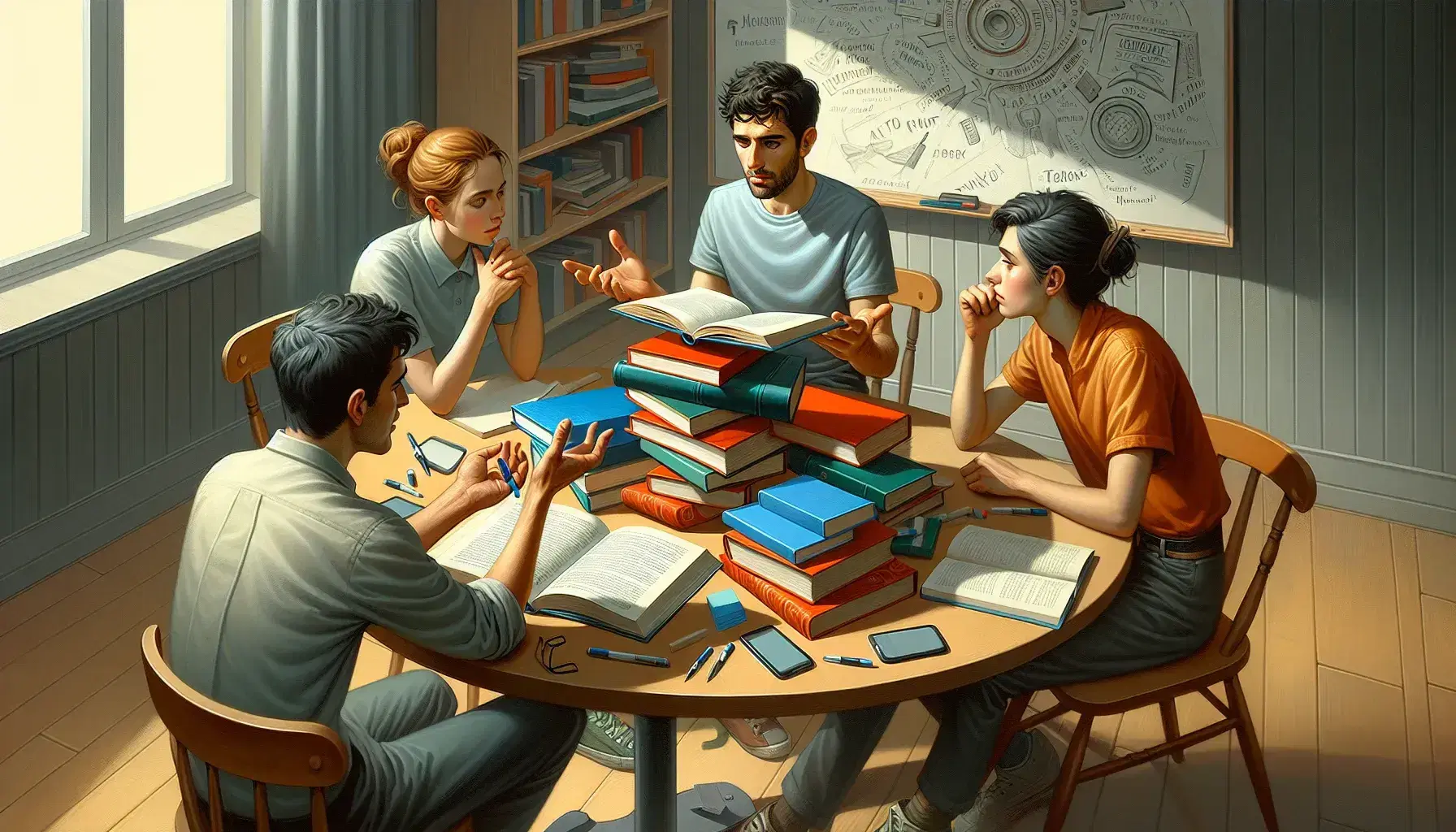 Grupo de tres personas discutiendo animadamente alrededor de una mesa redonda con libros de tapa dura de colores, en una sala iluminada naturalmente.