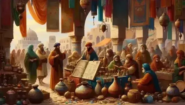 Mercato esotico antico con persone intorno a bancarelle di artefatti, vasi ceramici, gioielli, mappe, e una donna che esamina un libro illustrato.