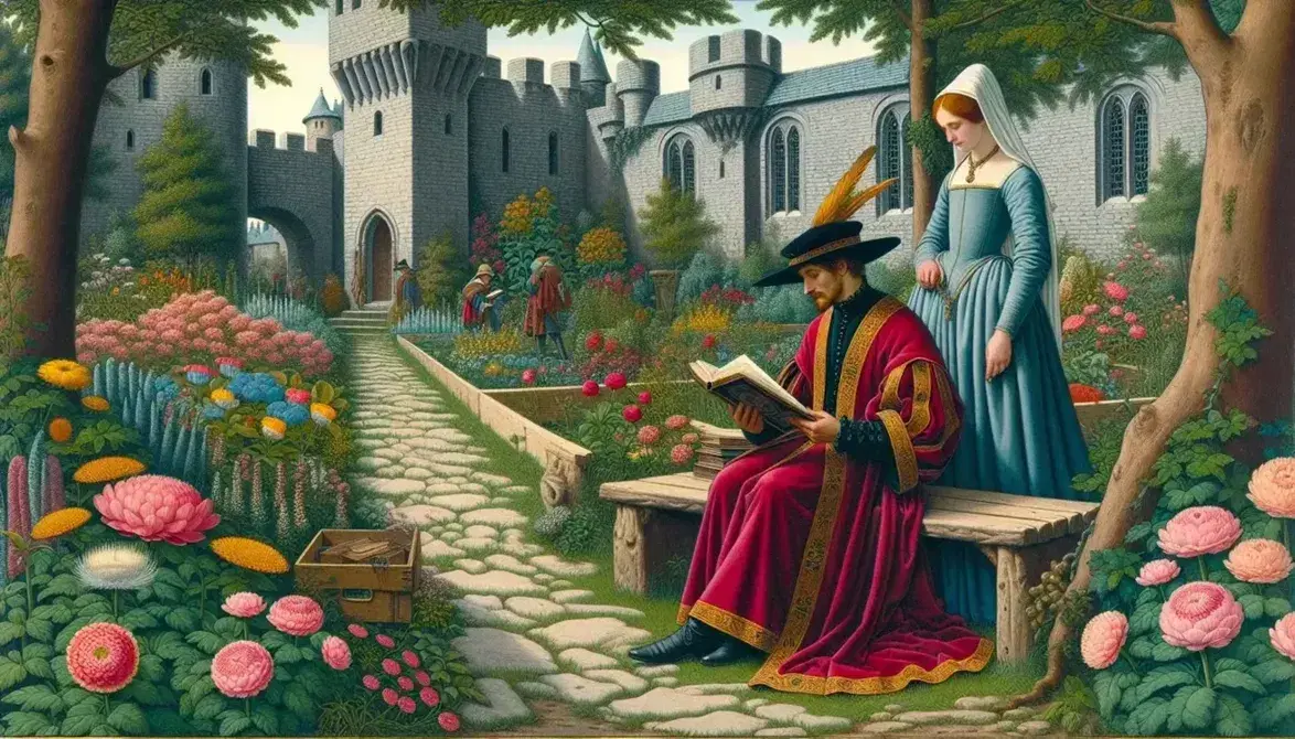 Escena medieval en jardín floreciente con hombre en túnica roja leyendo un libro y mujer en vestido azul junto a él, fondo de castillo.