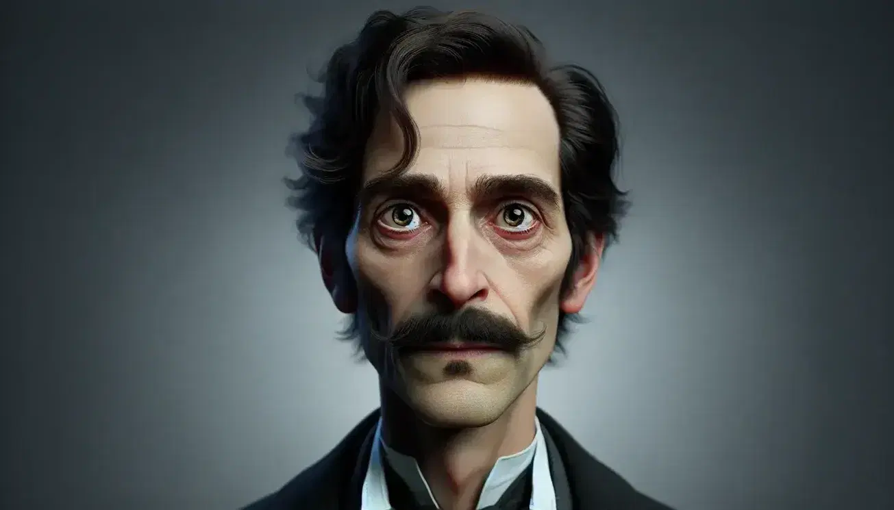 Ritratto fotorealistico di uomo eccentrico con pelle matura, baffi lunghi e ritorti, vestito formale nero e cravatta su sfondo neutro.