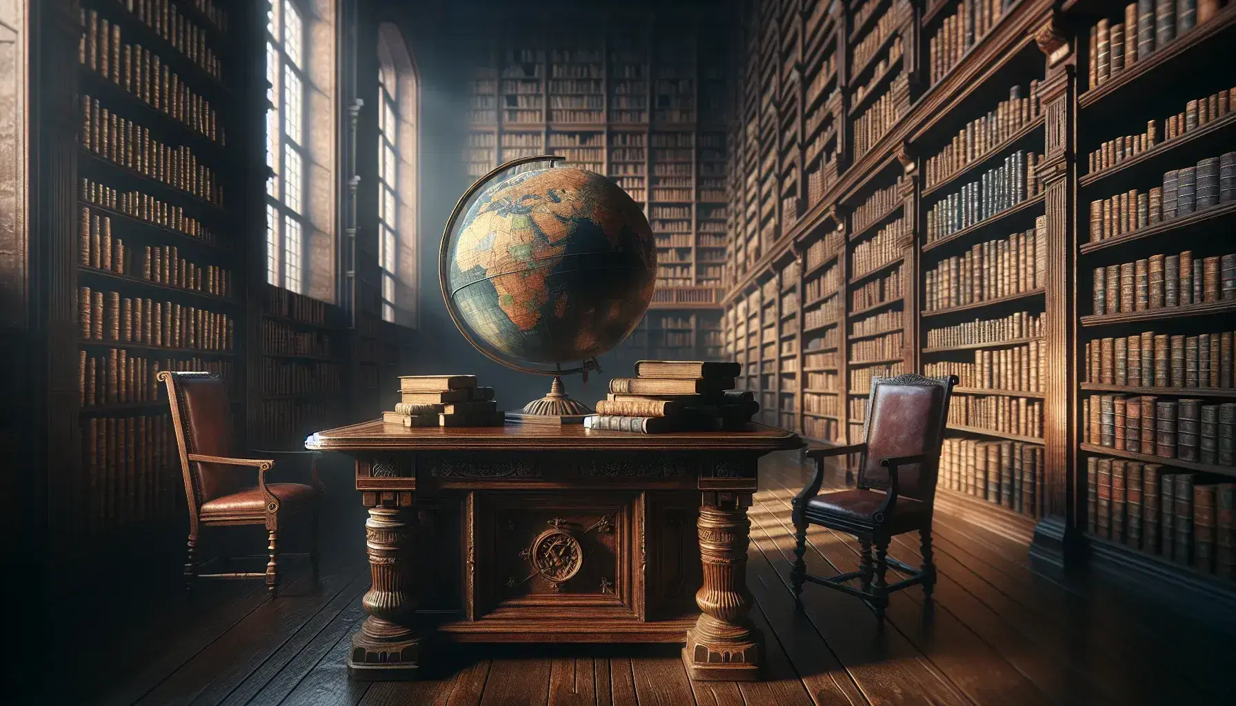 Biblioteca antigua con estantes de madera oscuros llenos de libros, mesa central con globo terráqueo y silla con asiento rojo bajo luz difusa.
