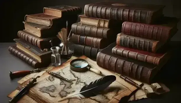 Collezione di libri antichi con copertine in cuoio, rinforzi metallici, lente d'ingrandimento, penna d'oca e mappa antica su tavolo scuro.