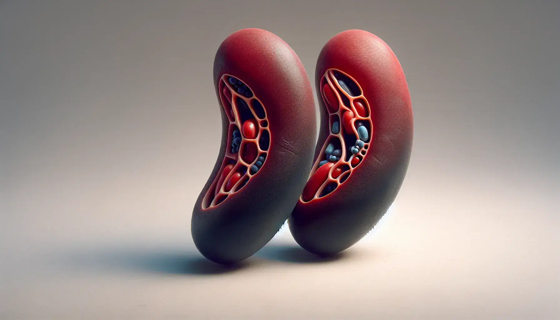 Riñones humanos con vasos sanguíneos y uréteres visibles, en tonos rojos, azules y amarillos pálidos, sobre fondo gris claro.