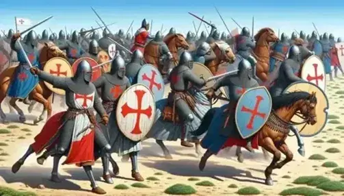 First Crusade scene with crusaders in medieval armor and helmets fighting in a Middle Eastern landscape, moving horses in the background.