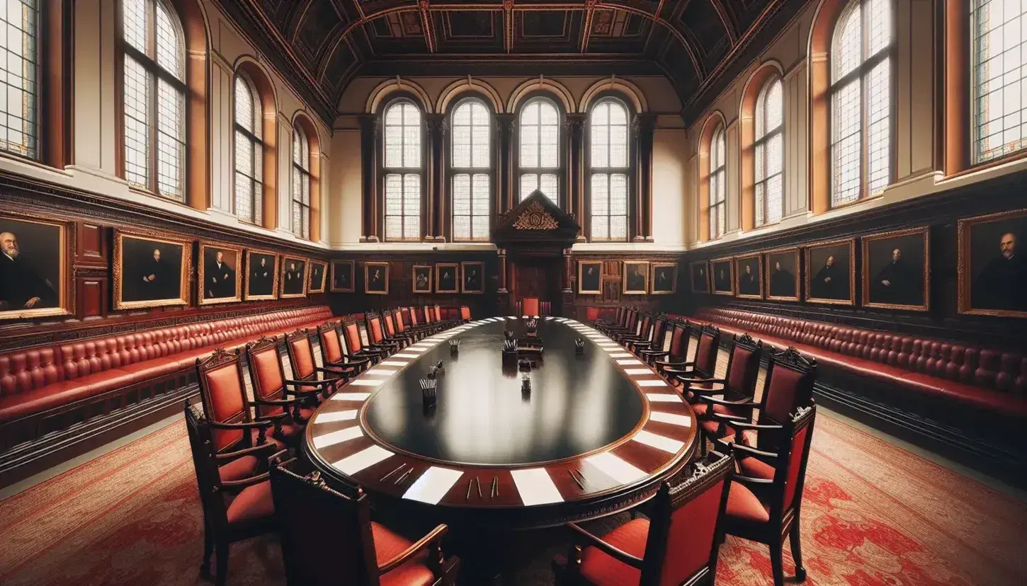 Sala storica con tavolo ovale in legno scuro, sedie con imbottitura rossa, finestre ad arco e quadri incorniciati d'oro.