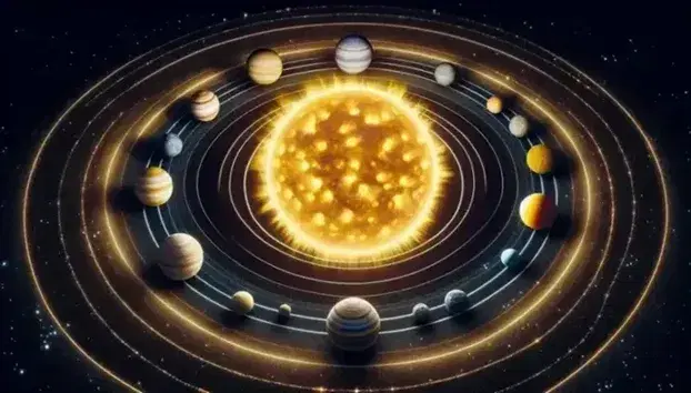 Rappresentazione fotografica del Sistema Solare con otto pianeti in orbita attorno al Sole centrale e astronauta in primo piano.