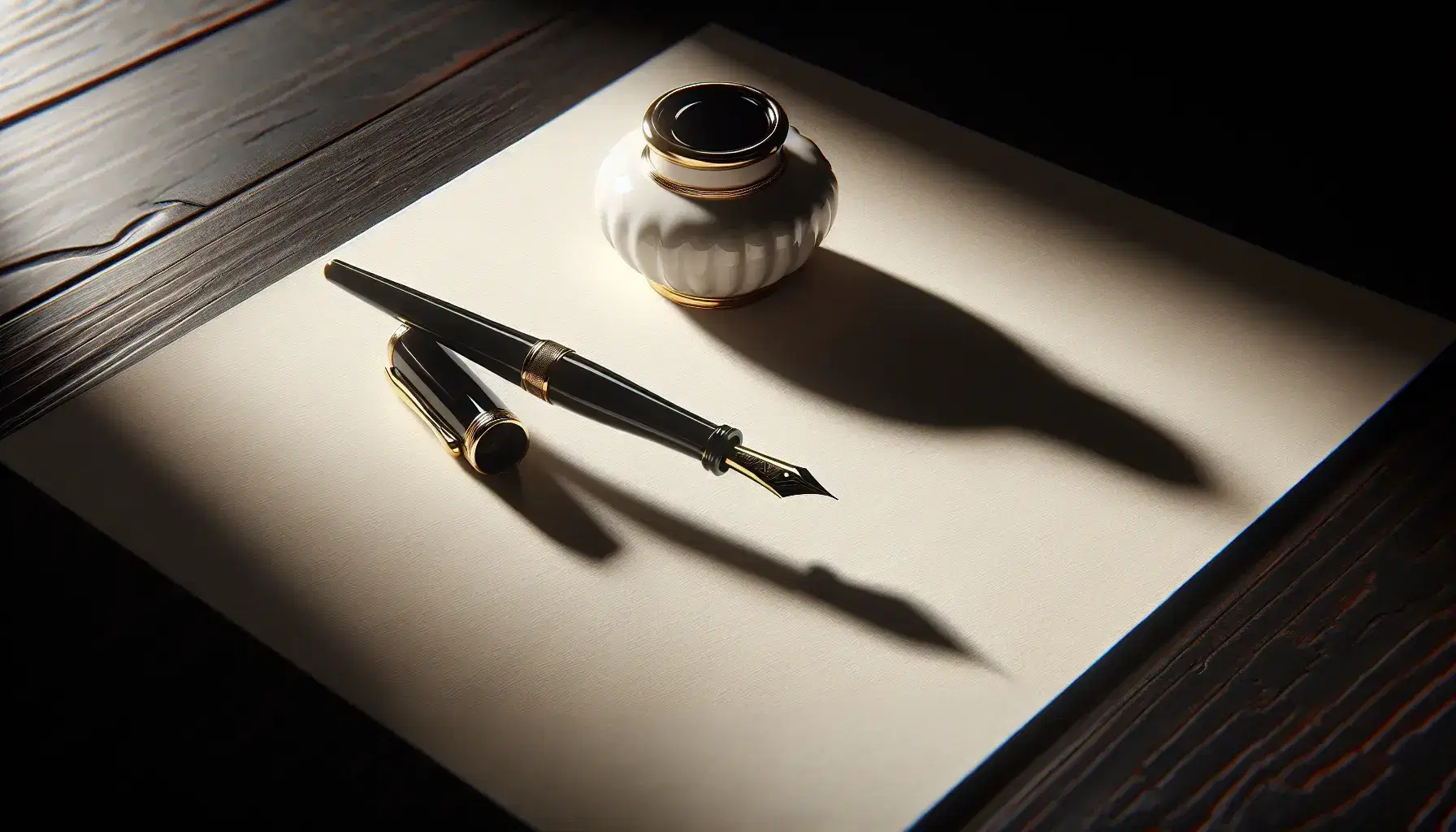 Pluma fuente elegante negra con detalles dorados sobre papel en blanco y tintero de porcelana blanca con borde dorado en superficie de madera oscura.