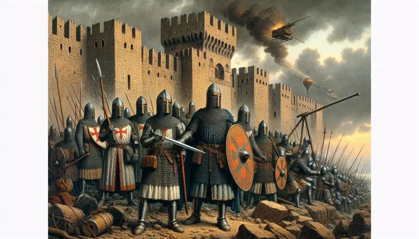 Crusaders in battle gear engage in the 1204 Siege of Constantinople, with siege engines, smoke-filled walls, and anchored ships at sea.