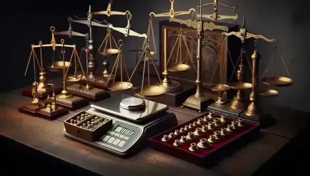 Collezione di bilance di precisione storiche e moderne su tavolo scuro, con bilancia analitica digitale spenta e pesi in ottone su vassoio rosso.