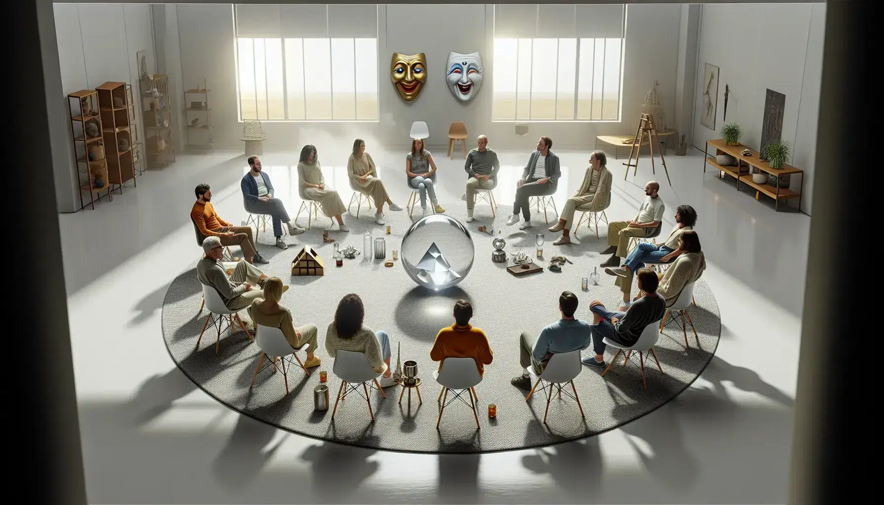 Gruppo di persone sedute in cerchio discutendo con oggetti come sfera di cristallo, orologio tascabile, maschera teatrale e piramide di legno al centro.