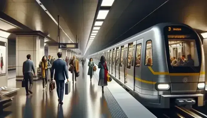 Active French metro station scene with diverse passengers, modern silver train with doors open, and bright fluorescent lighting.