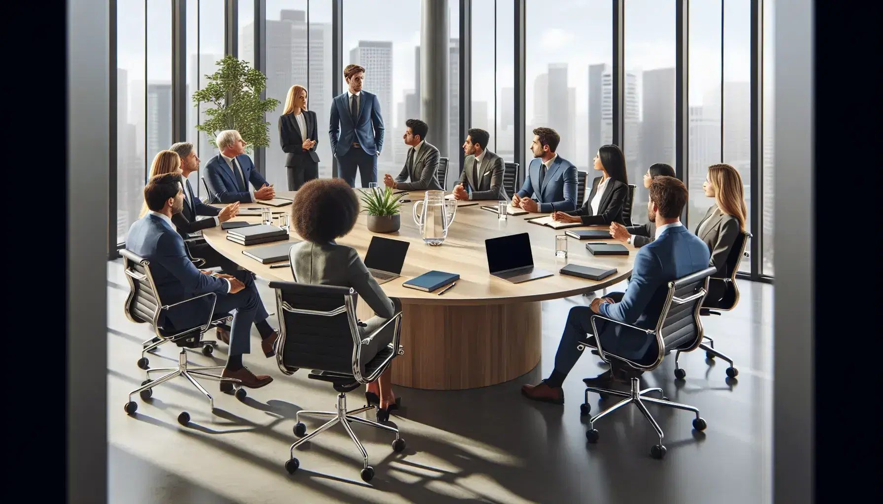 Diverse group of professionals in business attire engaged in a meeting around an oval conference table with laptops and a green plant in a bright office.