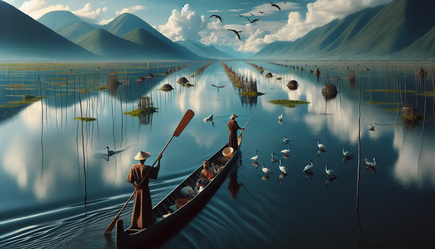 Paisaje lacustre con montañas al fondo, canoa de madera con dos personas y aves acuáticas cerca de chinampas verdes bajo cielo azul con nubes.