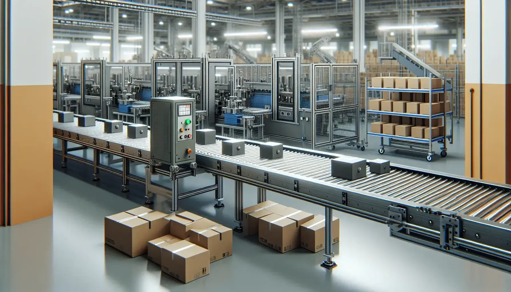 Fábrica automatizada con cinta transportadora metálica y productos en ensamblaje, máquinas con brazos robóticos inactivos y estanterías con cajas en el fondo.