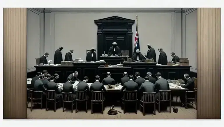 Scena di tribunale con giudice in toga dietro scrivania, persone sedute in attesa e oggetti legati al diritto tributario in primo piano.