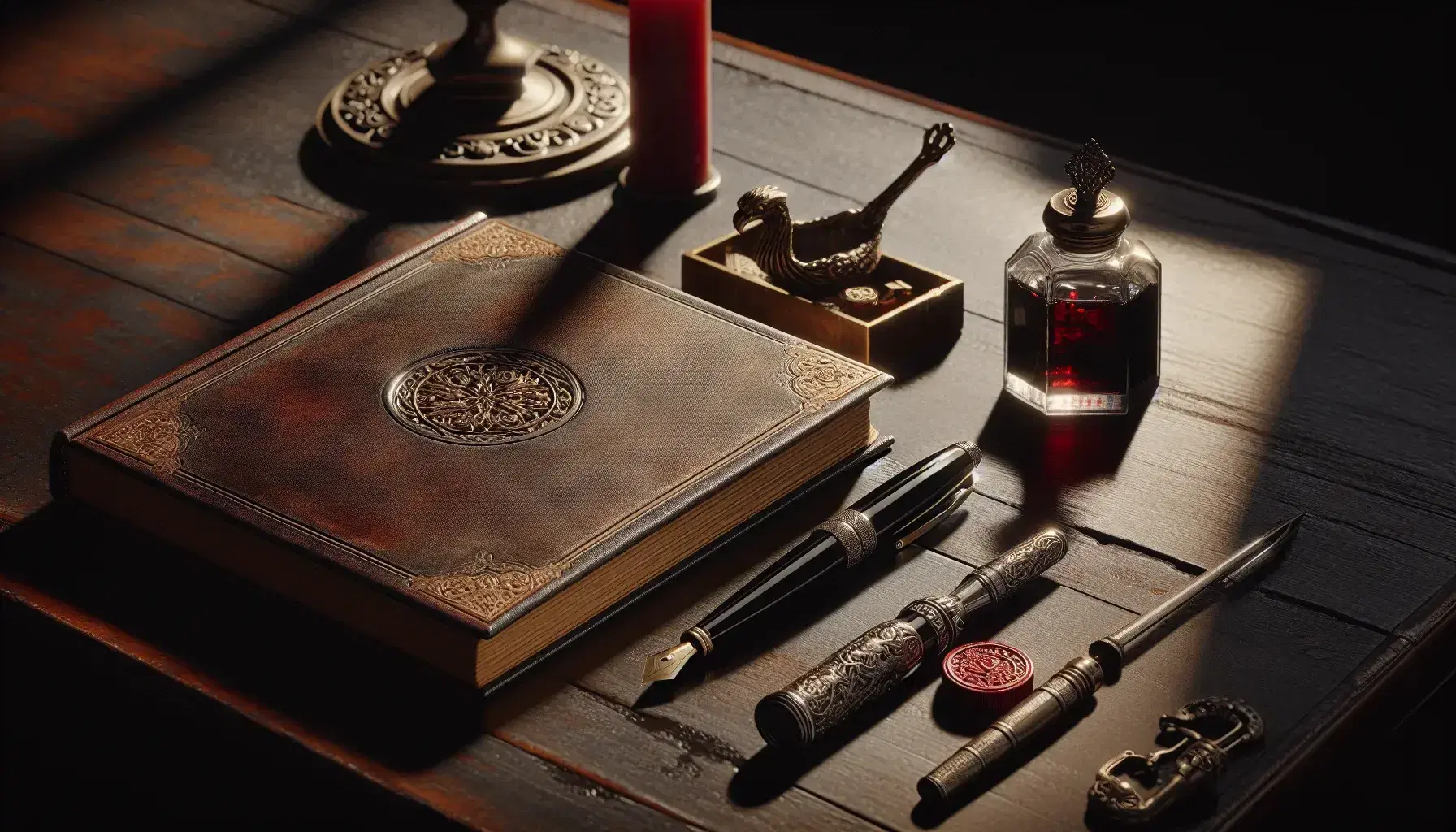 Escritorio de madera oscura con libro antiguo abierto, sello y lacre rojo, pluma estilográfica y tintero, y llaves vintage bajo luz suave.
