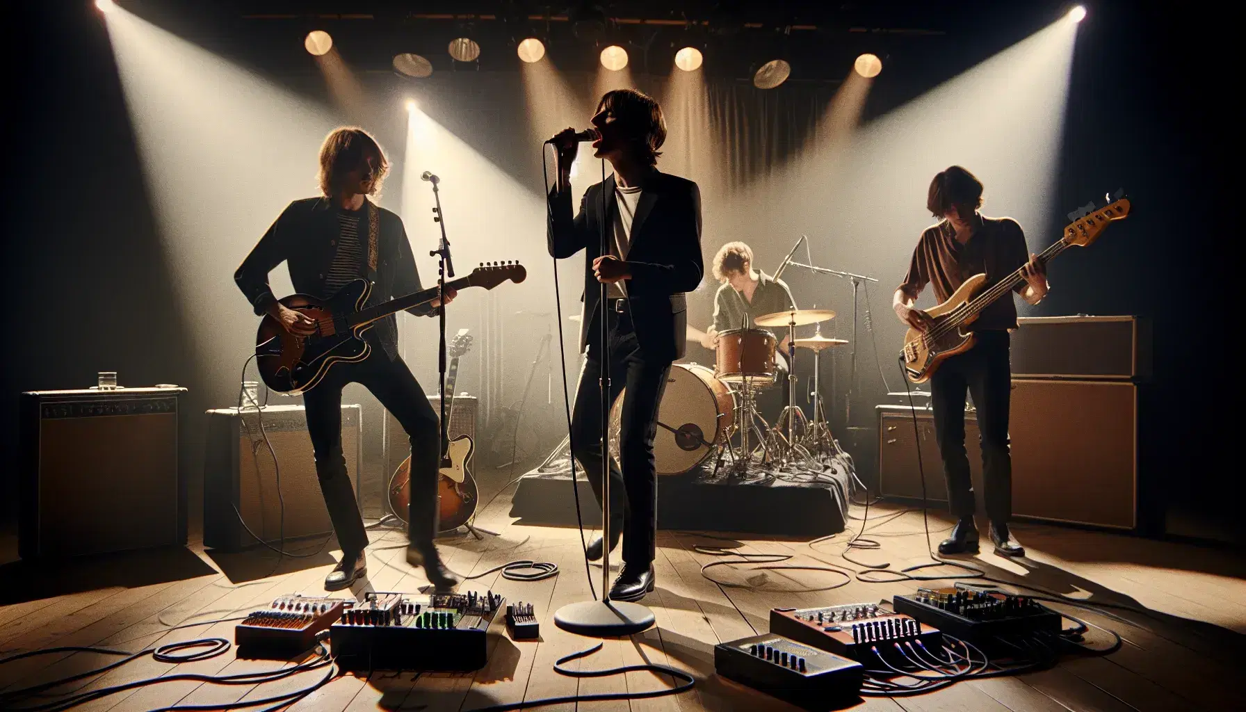 Four-piece musical group performs on an illuminated stage: singer, guitarist, bassist and drummer immersed in the performance.