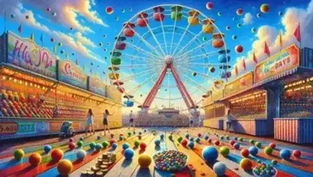 Ruota panoramica colorata in movimento in un parco divertimenti, persone che giocano a giochi di abilità e monete metalliche sparse sul terreno.