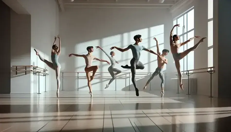 Cinco bailarines en estudio de danza con espejos y barras, realizando saltos y poses elegantes en ropa de ensayo y bajo luz natural.
