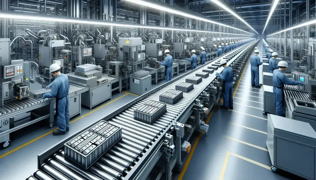 Línea de ensamblaje en fábrica con trabajadores en uniforme azul y cascos ajustando productos metálicos sobre cinta transportadora.