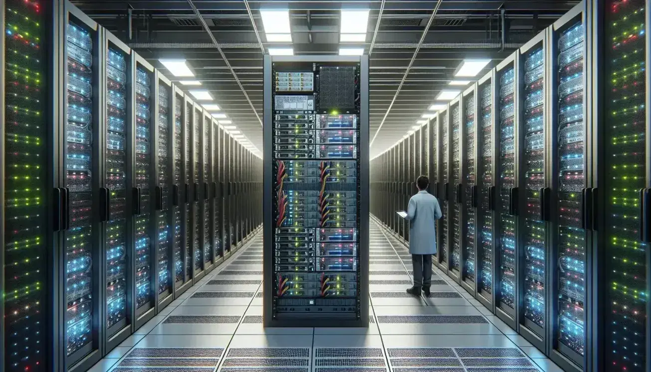Data center with rows of illuminated server racks, person in white coat with tablet observes equipment, raised floor for cooling.