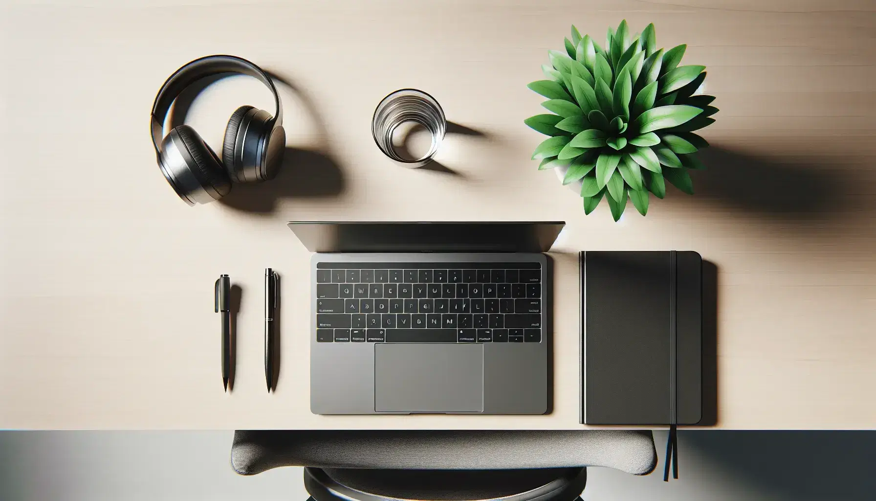 Modern office desk setup with a closed laptop, wireless headphones, a notebook with a pen, a potted plant, and a glass of water on a wooden surface.