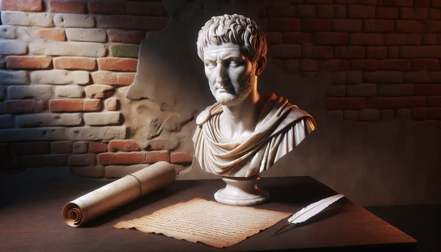 Busto in marmo del poeta latino Orazio su piedistallo, con pergamena e penna d'oca su tavolo in legno, sfondo di muro di mattoni antichi.