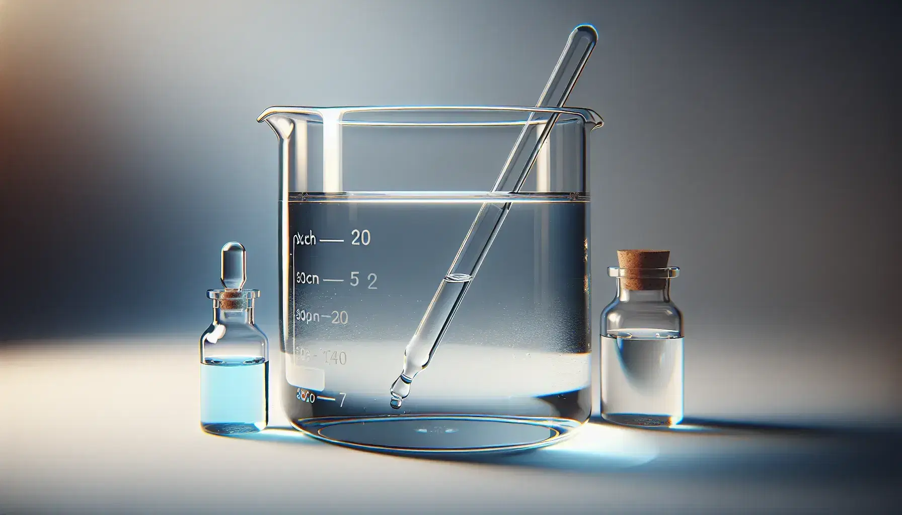 Glass beaker with clear liquid and stirring rod, flanked by two vials with blue and yellow liquids on white surface and gray background.
