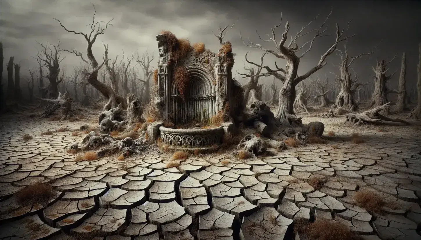 Desolate landscape with cracked earth, a weathered stone fountain, dead trees, and an overcast sky, evoking a sense of barrenness and decay.