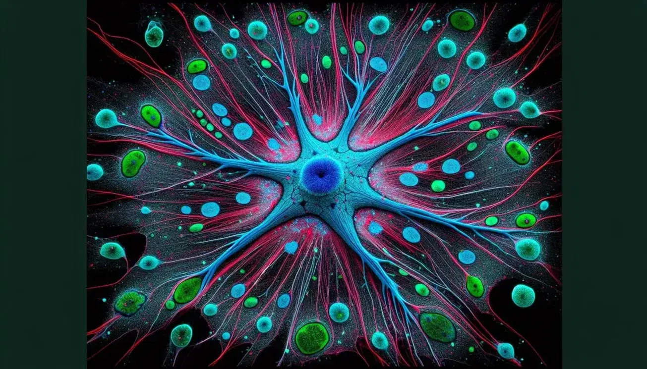 Vista microscópica de tejido cerebral con célula estrellada azul central, células verdes menores y estructuras rojas filamentosas en fondo negro.