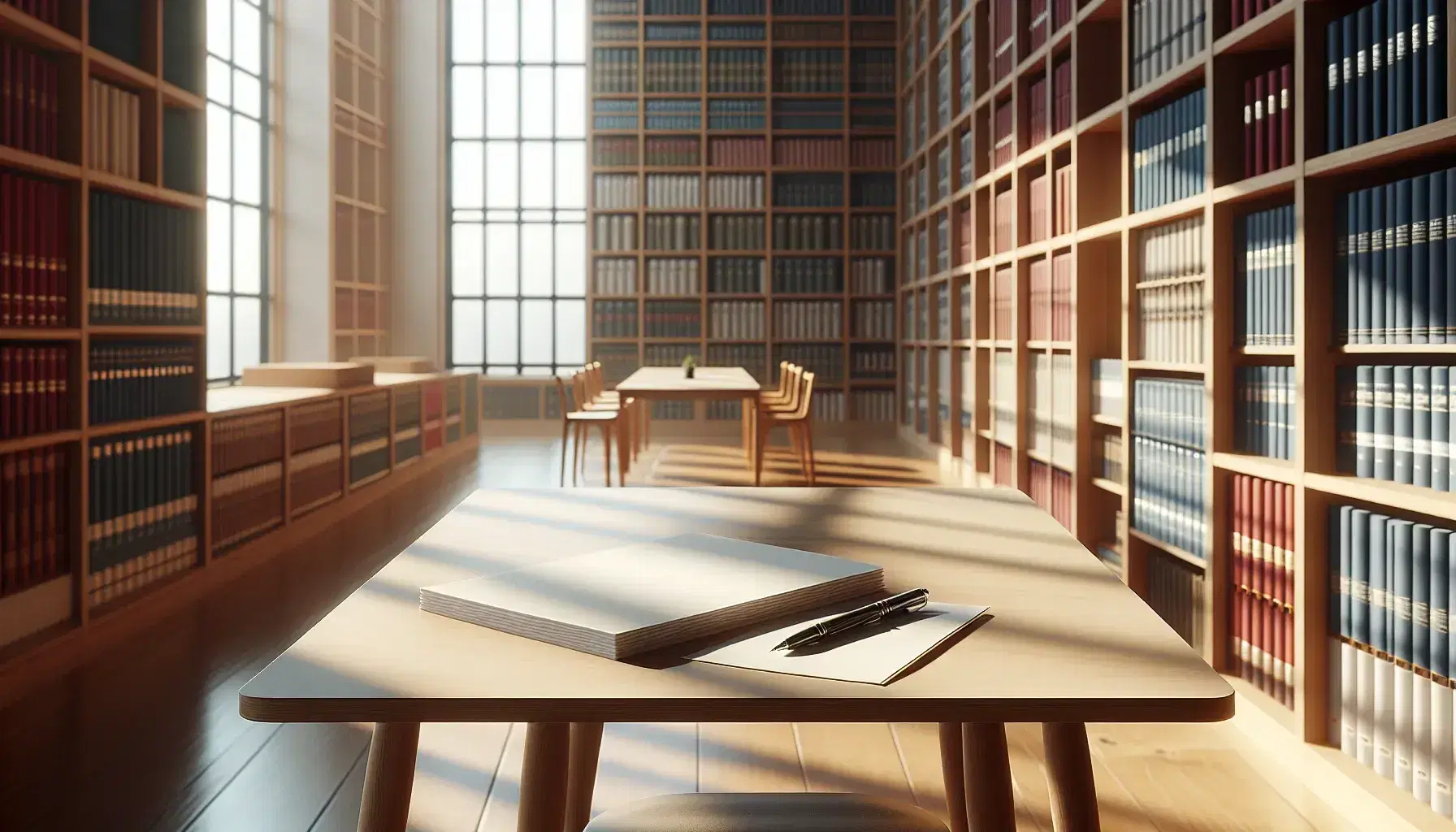 Mesa de madera clara con hojas en blanco y bolígrafo en biblioteca luminosa, estanterías repletas de libros de colores y suelo de madera pulida.