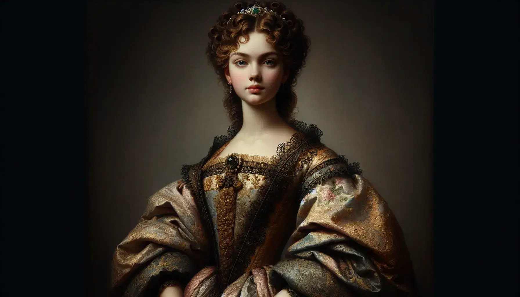 Retrato al óleo de joven mujer del siglo XIX con vestido adornado, capa oscura, tiara y mirada penetrante, sosteniendo un objeto en su mano derecha.