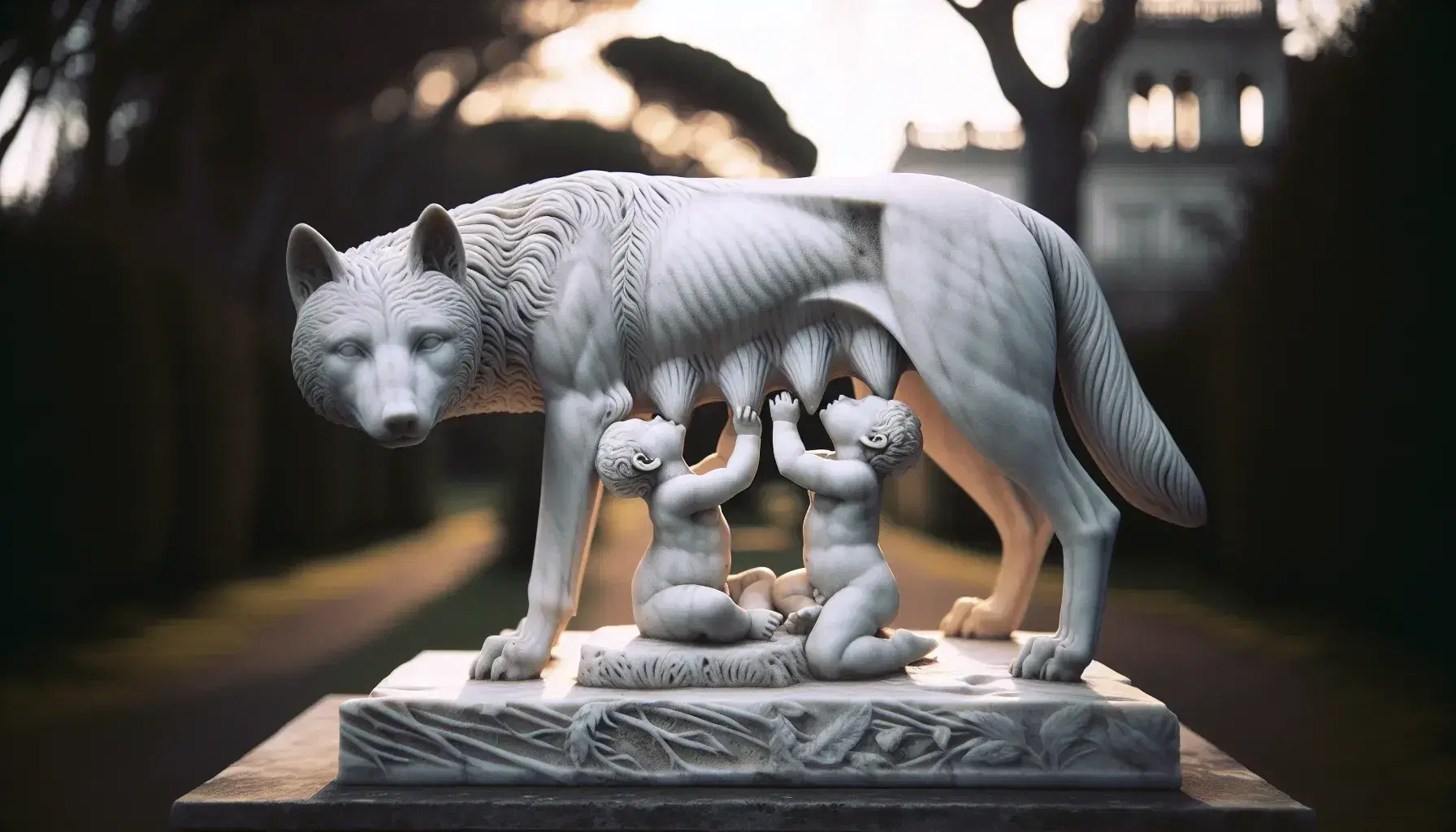 Scultura in marmo bianco raffigurante i gemelli Romolo e Remo allattati dalla lupa in un ambiente naturale sfocato.