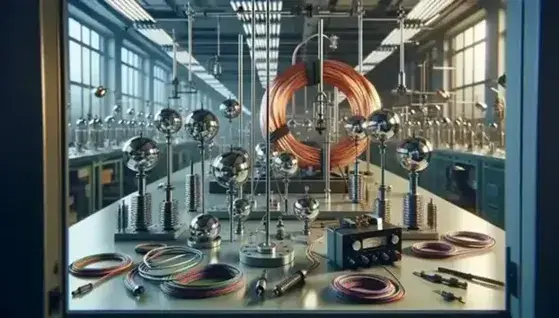 Laboratorio de física con esferas metálicas en soportes aislantes, cables de colores y generador de voltaje, junto a bobina de cobre y trípode con anillo metálico.