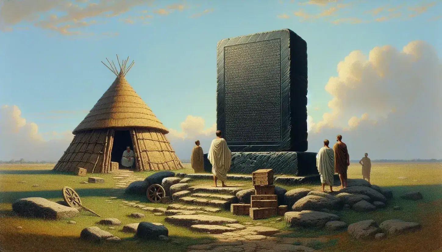 Scena archeologica con stele Lapis Niger, capanna primitiva e figure in abiti romani che osservano reperti su terreno erboso sotto cielo azzurro.