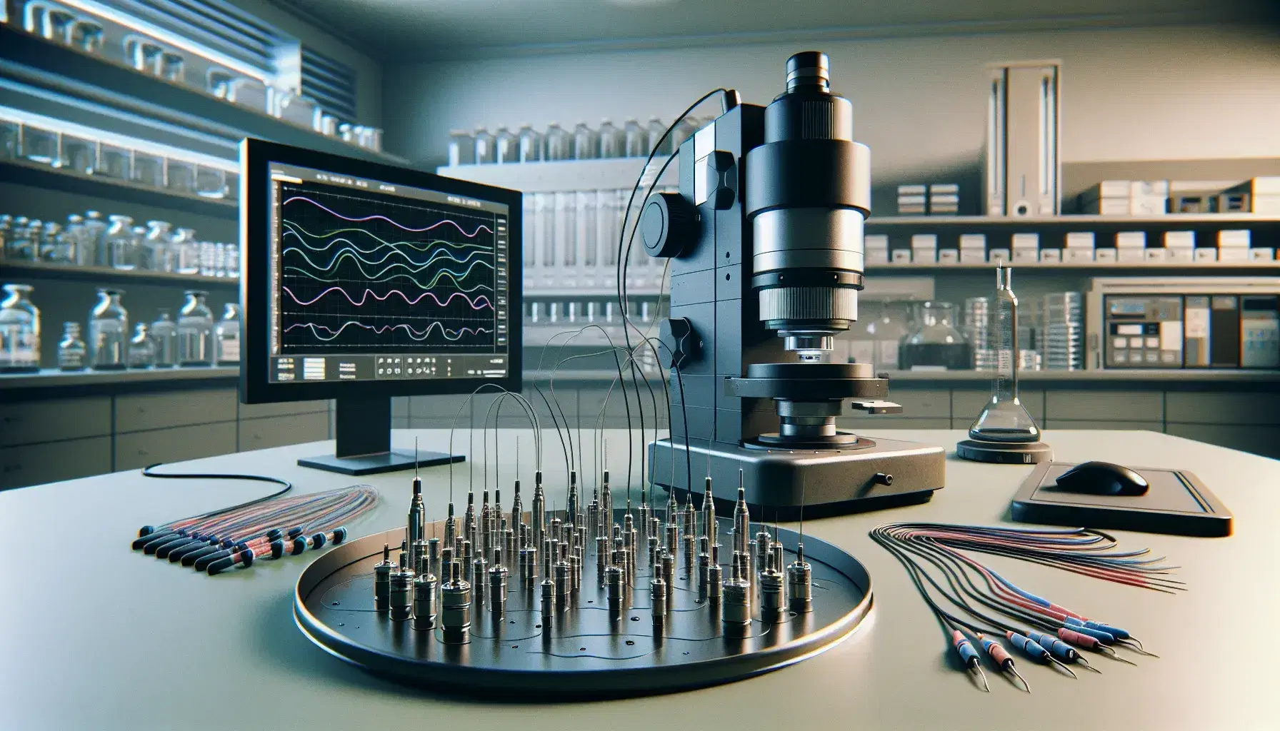 Laboratorio di ricerca biomedica con microscopio elettronico grigio scuro, monitor con grafici e elettrodi su vassoio trasparente.
