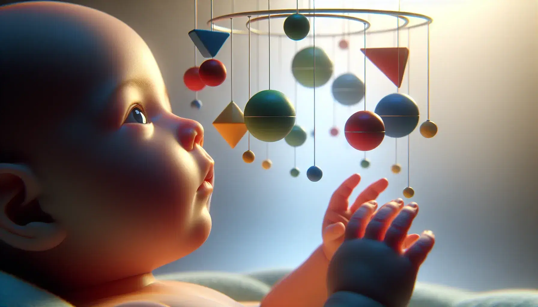 Face of a newborn baby looking with curiosity at a piece of furniture with suspended colored geometric shapes, in a serene environment tinged with blue.