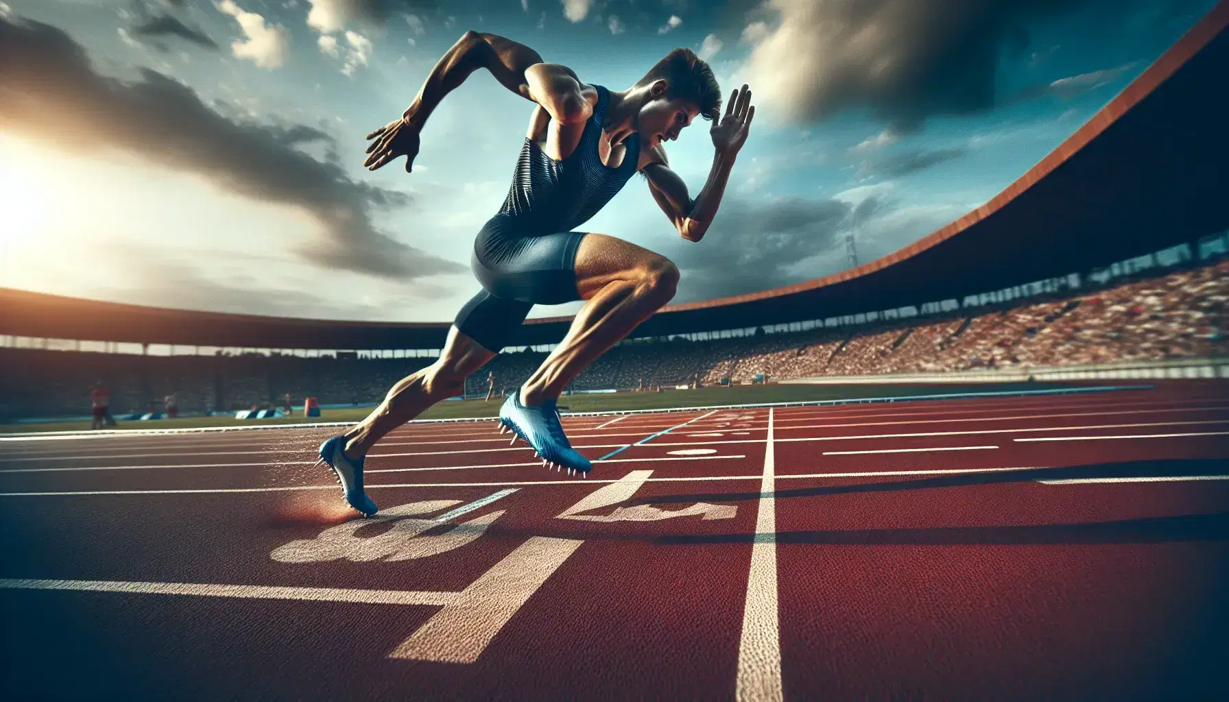 Atleta maschile in gara di atletica su pista rossa, in tenuta blu con scarpe chiodate, esprime massima espansione muscolare sotto cielo azzurro.