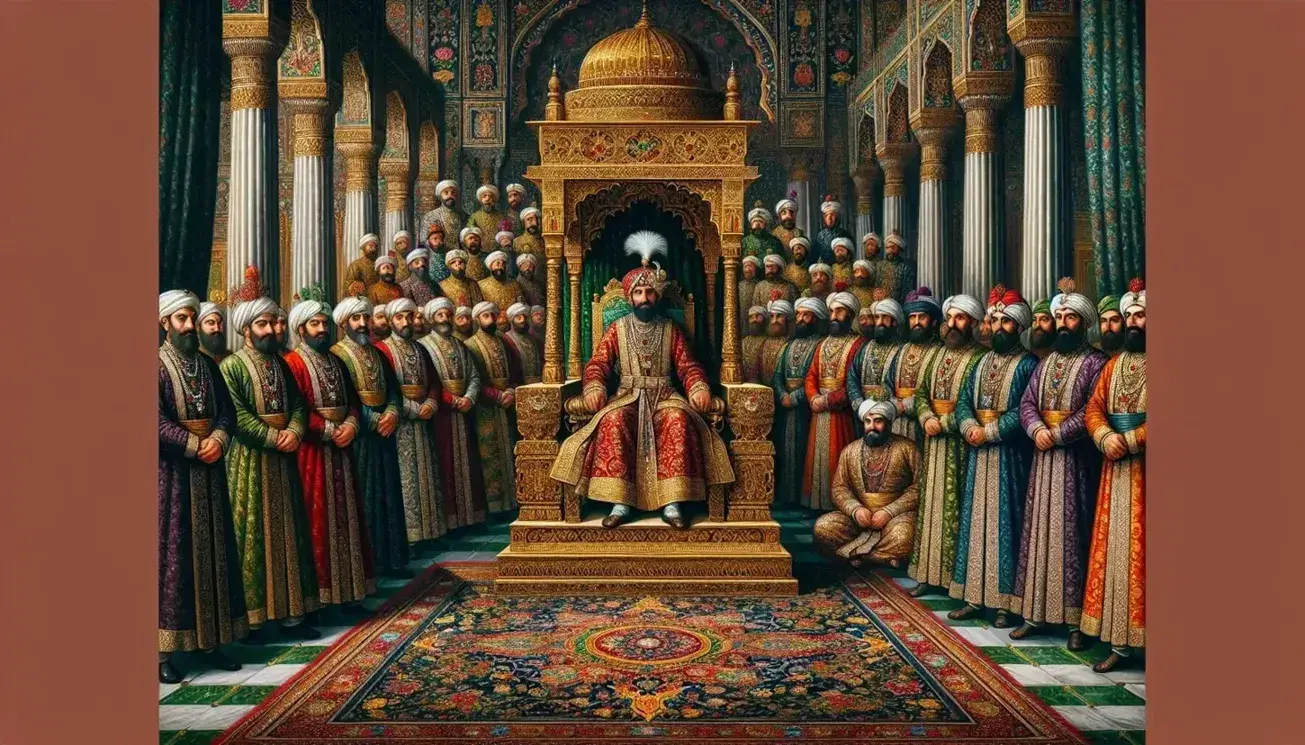 Mughal emperor seated on a golden throne in a grand court with ornate attire, surrounded by courtiers and peacocks near a marble fountain.