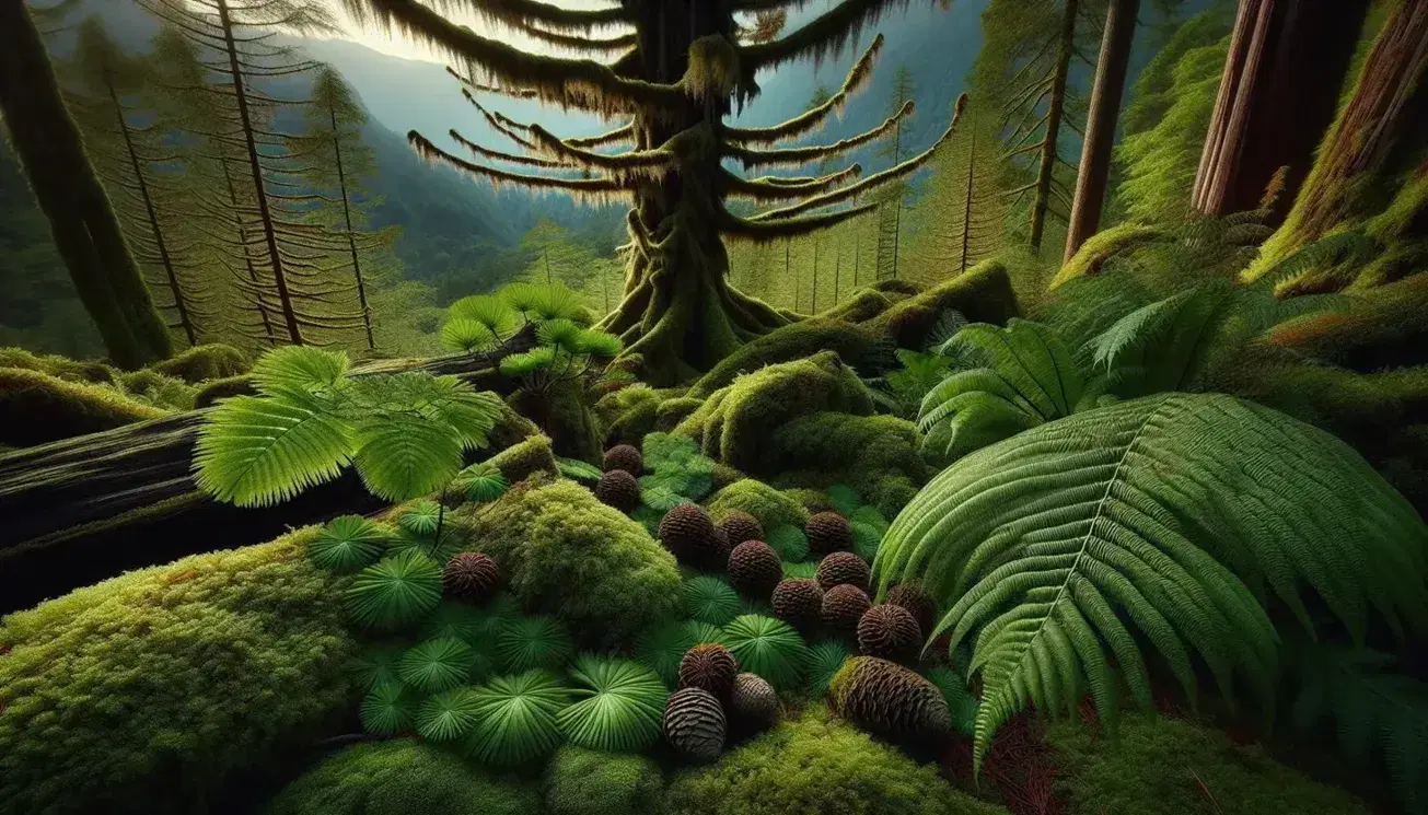 Escena forestal con musgos verdes, helechos, árbol gimnospermo con conos y fondo de árboles angiospermos bajo cielo azul con nubes.