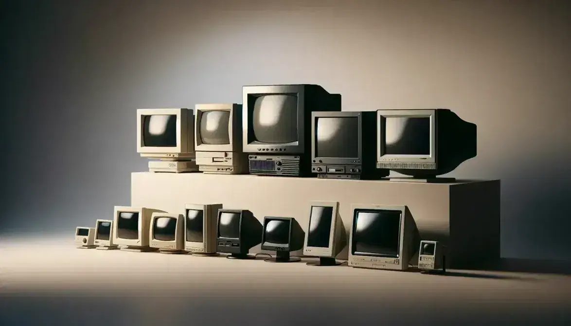 Colección de monitores de computadora mostrando la evolución tecnológica, desde un CRT beige antiguo hasta un LED moderno y delgado.
