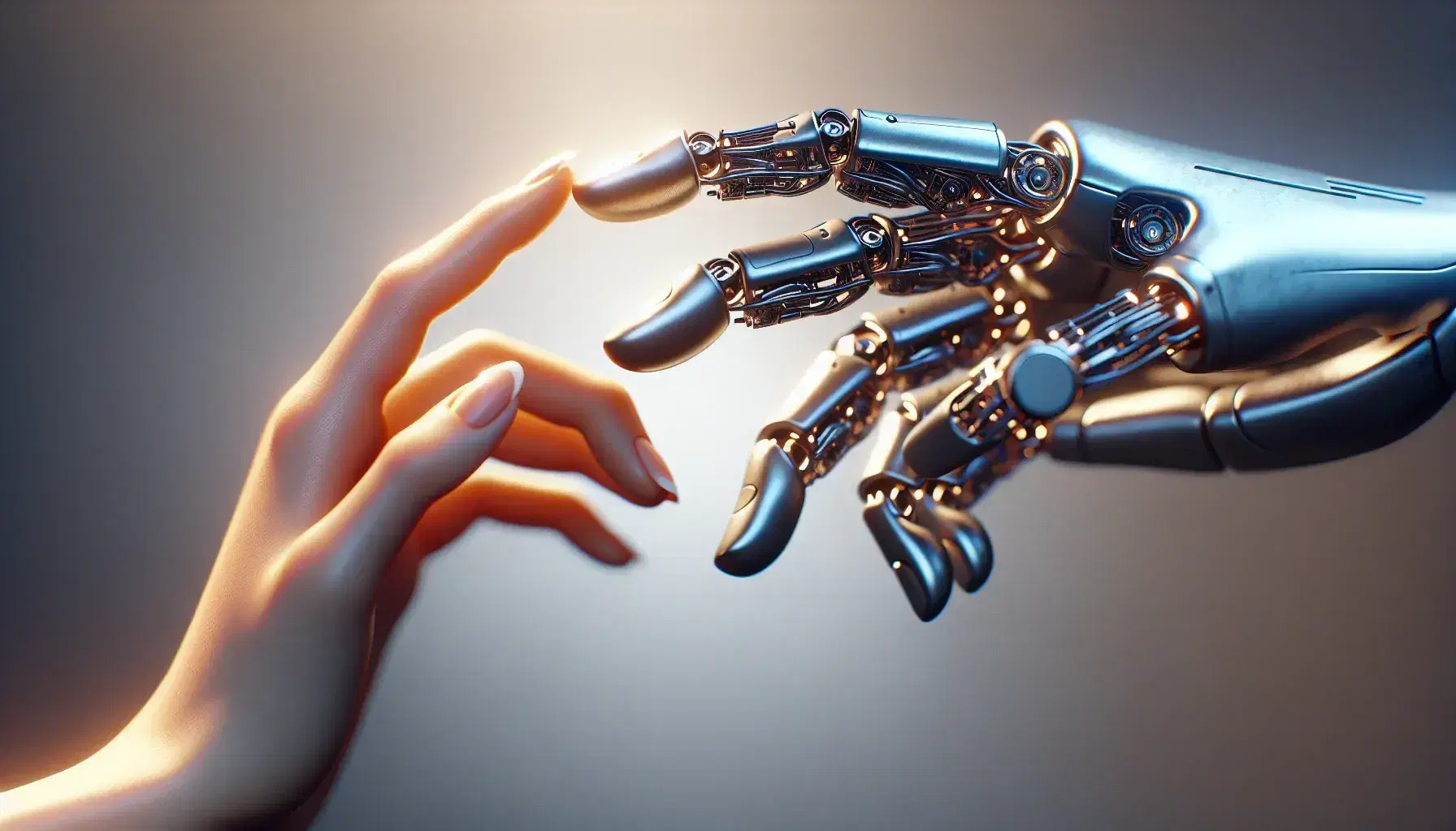 Encuentro entre mano humana y robótica a punto de tocarse, destacando la tecnología y la conexión entre humanos y máquinas.