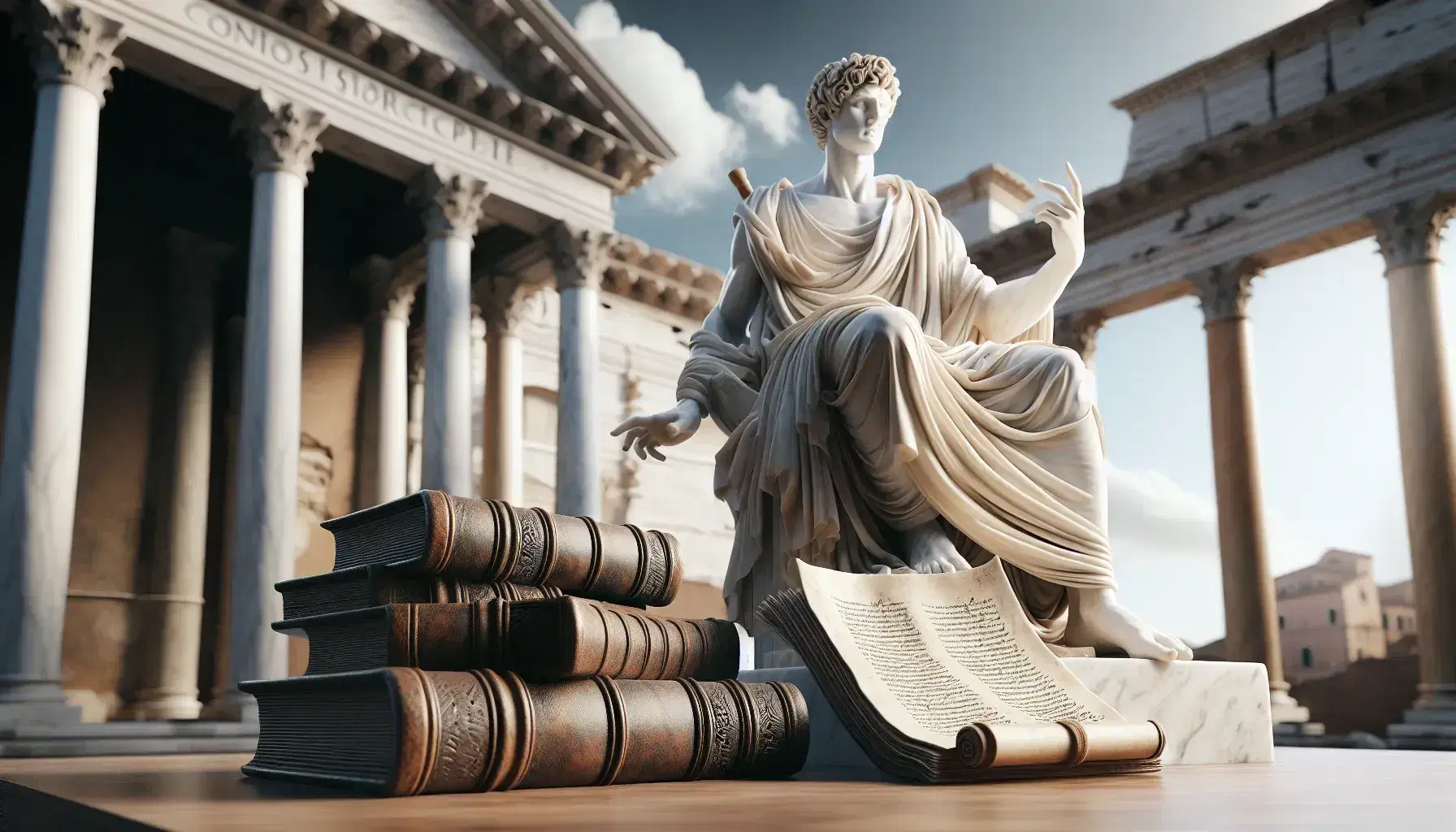 Statua marmorea di poeta antico con pergamena e gesto narrativo, libri antichi in primo piano, colonne e cielo azzurro sullo sfondo.