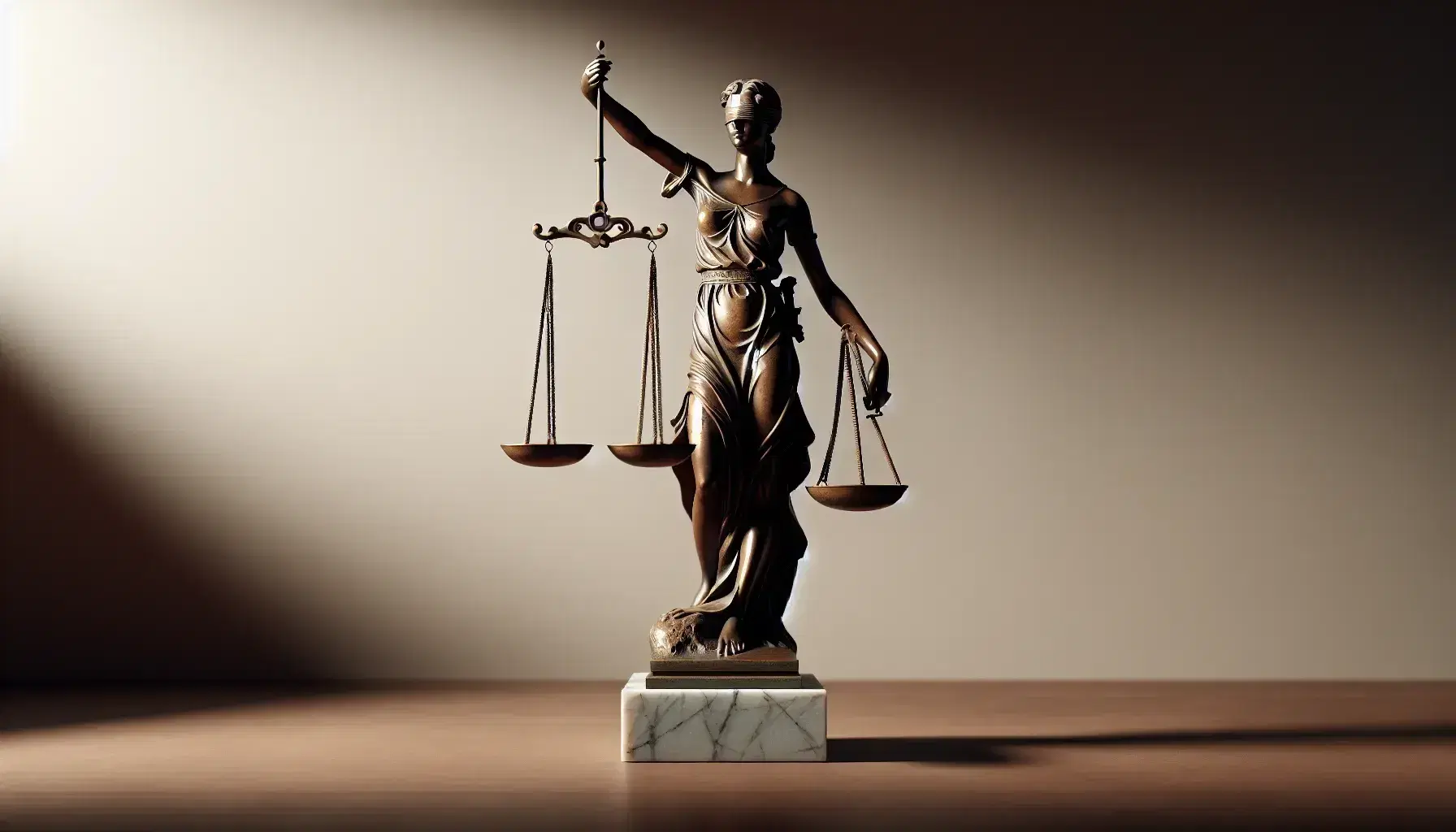 Estatuilla de bronce de la Justicia con venda, sosteniendo una balanza equilibrada, sobre base de mármol, contra fondo beige y superficie de madera oscura.